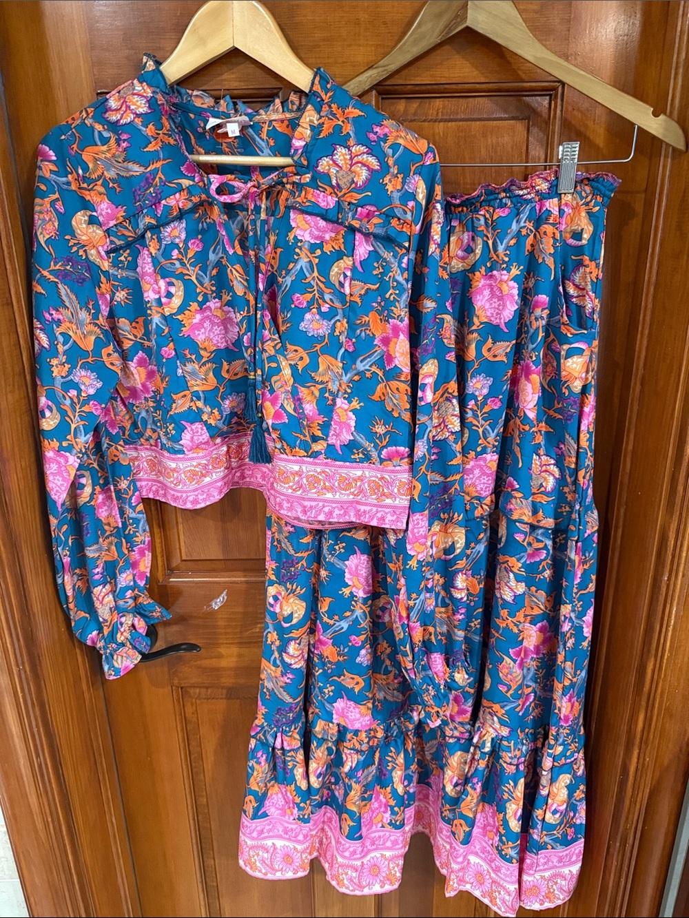 Teal Floral Maxi Dress with Pink & Orange Accents